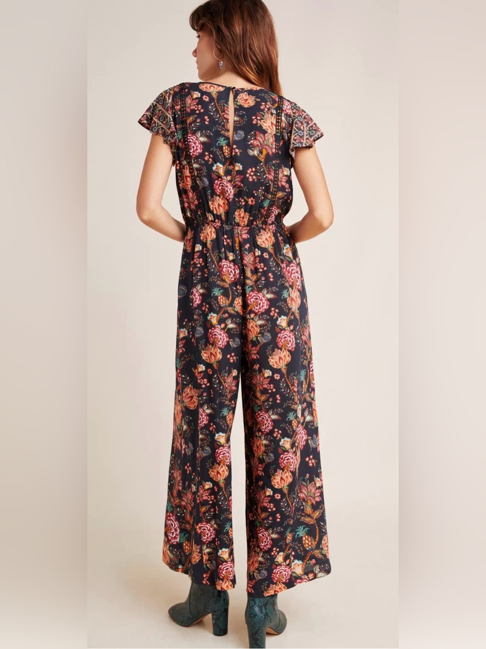 Farm Rio Lillian Wide-Leg Jumpsuit Black Floral Print Flutter Sleeve Lace Size S - Picture 2 of 16